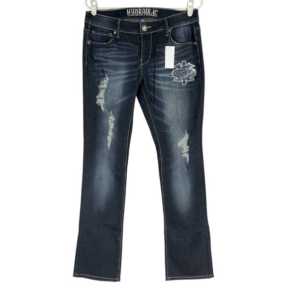 Hydraulic Women's Lola Distressed Micro Boot Stretch Navy Denim Jeans 11/12 NWT - Picture 1 of 16